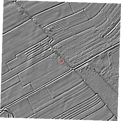 Shaded relief map of the ground around LN121PJ, computed from Environment Agency LiDAR. The ground here sits at about 2 m above sea level and falls 2 m across the surrounding 800 m. Surface water reaching this point runs off ground lying to the south-west, 0.7 m higher.