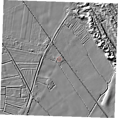 Shaded relief map of the ground around LN121PQ, computed from Environment Agency LiDAR. The ground here sits at about 2 m above sea level and falls 11 m across the surrounding 800 m. The ground contributing surface water to this point lies to the south-east.