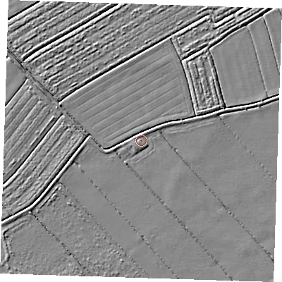 Shaded relief map of the ground around LN121PR, computed from Environment Agency LiDAR. The ground here sits at about 2 m above sea level and falls 3 m across the surrounding 800 m. Surface water reaching this point runs off ground lying to the north-east, 1.0 m higher.