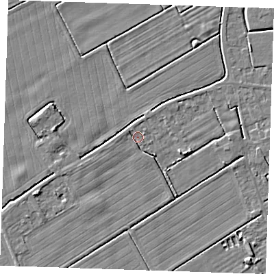 Shaded relief map of the ground around LN121PX, computed from Environment Agency LiDAR. The ground here sits at about 2 m above sea level and falls 4 m across the surrounding 800 m. Surface water reaching this point runs off ground lying to the west-south-west, 0.7 m higher.