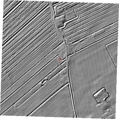 Shaded relief map of the ground around LN121PZ, computed from Environment Agency LiDAR. The ground here sits at about 2 m above sea level and falls 4 m across the surrounding 800 m. Surface water reaching this point runs off ground lying to the east-north-east, 1.7 m higher.