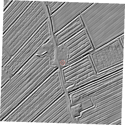 Shaded relief map of the ground around LN121QA, computed from Environment Agency LiDAR. The ground here sits at about 2 m above sea level and falls 3 m across the surrounding 800 m. Surface water reaching this point runs off ground lying to the north-east, 1.2 m higher.