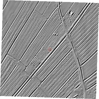Shaded relief map of the ground around LN121QB, computed from Environment Agency LiDAR. The ground here sits at about 2 m above sea level and falls 3 m across the surrounding 800 m. Surface water reaching this point runs off ground lying to the east-north-east, 1.0 m higher.