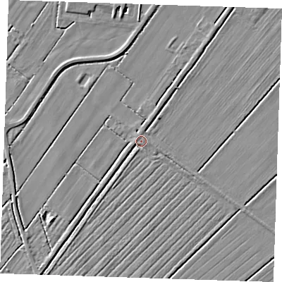 Shaded relief map of the ground around LN121QD, computed from Environment Agency LiDAR. The ground here sits at about 2 m above sea level and falls 4 m across the surrounding 800 m. Surface water reaching this point runs off ground lying to the south-west, 1.9 m higher.