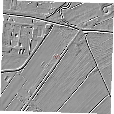 Shaded relief map of the ground around LN121QE, computed from Environment Agency LiDAR. The ground here sits at about 2 m above sea level and falls 4 m across the surrounding 800 m. Surface water reaching this point runs off ground lying to the north-east, 2.0 m higher.
