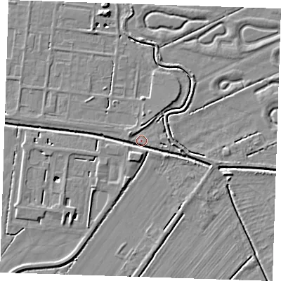 Shaded relief map of the ground around LN121QF, computed from Environment Agency LiDAR. The ground here sits at about 2 m above sea level and falls 6 m across the surrounding 800 m. Surface water reaching this point runs off ground lying to the north-west, 3.2 m higher.