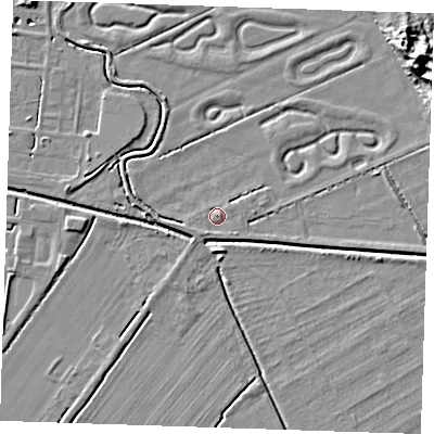 Shaded relief map of the ground around LN121QG, computed from Environment Agency LiDAR. The ground here sits at about 3 m above sea level and falls 13 m across the surrounding 800 m. Surface water reaching this point runs off ground lying to the south-south-west, 1.4 m higher.