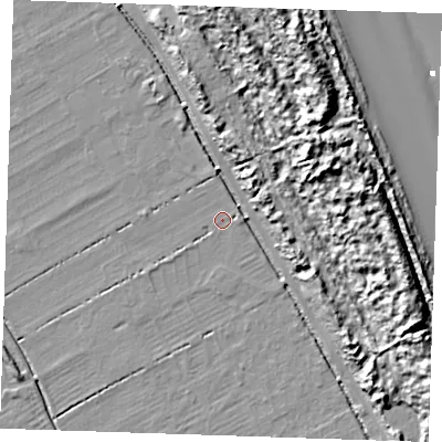 Shaded relief map of the ground around LN121QH, computed from Environment Agency LiDAR. The ground here sits at about 2 m above sea level and falls 18 m across the surrounding 800 m. Surface water reaching this point runs off ground lying to the east-south-east, 17.6 m higher.