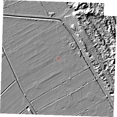 Shaded relief map of the ground around LN121QJ, computed from Environment Agency LiDAR. The ground here sits at about 2 m above sea level and falls 15 m across the surrounding 800 m. Surface water reaching this point runs off ground lying to the east-north-east, 1.1 m higher.