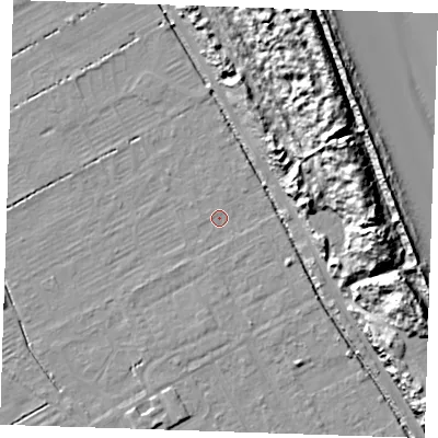 Shaded relief map of the ground around LN121QL, computed from Environment Agency LiDAR. The ground here sits at about 2 m above sea level and falls 18 m across the surrounding 800 m. Surface water reaching this point runs off ground lying to the south, 0.6 m higher.