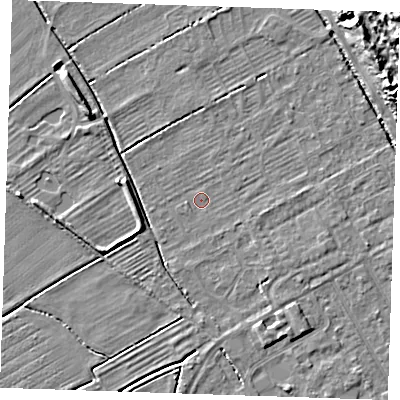 Shaded relief map of the ground around LN121QN, computed from Environment Agency LiDAR. The ground here sits at about 2 m above sea level and falls 11 m across the surrounding 800 m. Surface water reaching this point runs off ground lying to the west, 3.4 m higher.