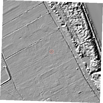 Shaded relief map of the ground around LN121QP, computed from Environment Agency LiDAR. The ground here sits at about 2 m above sea level and falls 18 m across the surrounding 800 m. Surface water reaching this point runs off ground lying to the south, 1.0 m higher.