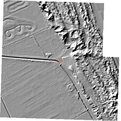 Shaded relief map of the ground around LN121QQ, computed from Environment Agency LiDAR. The ground here sits at about 3 m above sea level and falls 16 m across the surrounding 800 m. Surface water reaching this point runs off ground lying to the south-east, 7.2 m higher.