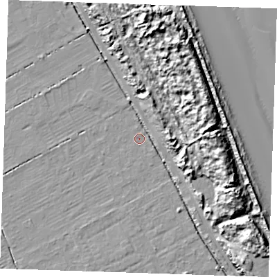 Shaded relief map of the ground around LN121QR, computed from Environment Agency LiDAR. The ground here sits at about 2 m above sea level and falls 19 m across the surrounding 800 m. Surface water reaching this point runs off ground lying to the south-south-west, 1.0 m higher.