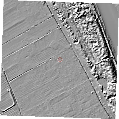 Shaded relief map of the ground around LN121QS, computed from Environment Agency LiDAR. The ground here sits at about 2 m above sea level and falls 18 m across the surrounding 800 m. Surface water reaching this point runs off ground lying to the west-south-west, 1.4 m higher.