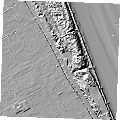 Shaded relief map of the ground around LN121QT, computed from Environment Agency LiDAR. The ground here sits at about 2 m above sea level and falls 20 m across the surrounding 800 m. Surface water reaching this point runs off ground lying to the north-east, 17.1 m higher.