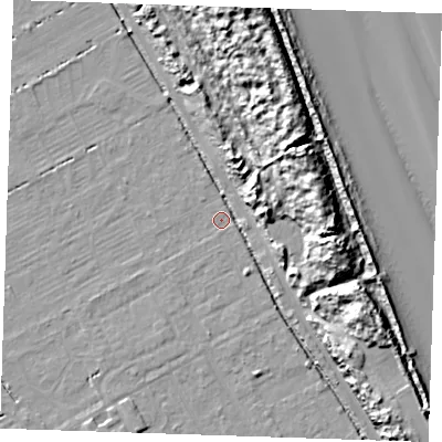 Shaded relief map of the ground around LN121QW, computed from Environment Agency LiDAR. The ground here sits at about 2 m above sea level and falls 19 m across the surrounding 800 m. Surface water reaching this point runs off ground lying to the south-south-east, 2.8 m higher.