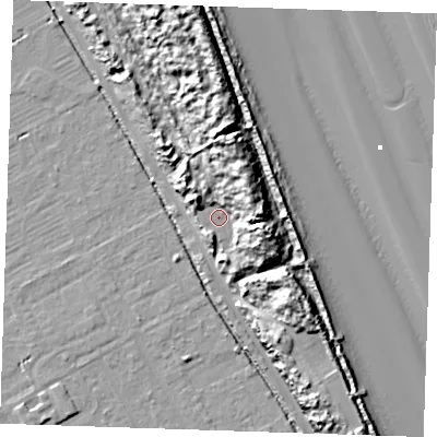Shaded relief map of the ground around LN121QX, computed from Environment Agency LiDAR. The ground here sits at about 6 m above sea level and falls 20 m across the surrounding 800 m. Surface water reaching this point runs off ground lying to the north-east, 11.4 m higher.