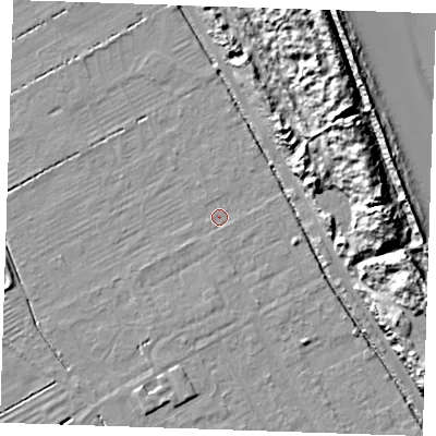 Shaded relief map of the ground around LN121QY, computed from Environment Agency LiDAR. The ground here sits at about 2 m above sea level and falls 18 m across the surrounding 800 m. Surface water reaching this point runs off ground lying to the south-west, 0.8 m higher.