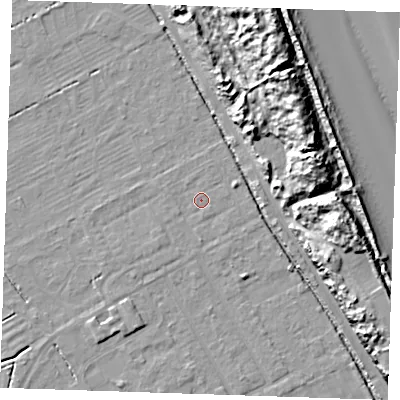 Shaded relief map of the ground around LN121RB, computed from Environment Agency LiDAR. The ground here sits at about 2 m above sea level and falls 18 m across the surrounding 800 m. Surface water reaching this point runs off ground lying to the south, 1.0 m higher.