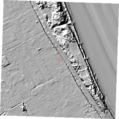 Shaded relief map of the ground around LN121RD, computed from Environment Agency LiDAR. The ground here sits at about 2 m above sea level and falls 19 m across the surrounding 800 m. Surface water reaching this point runs off ground lying to the west-north-west, 1.8 m higher.