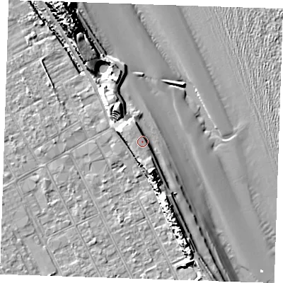 Shaded relief map of the ground around LN121RG, computed from Environment Agency LiDAR. The ground here sits at about 7 m above sea level and falls 18 m across the surrounding 800 m. Surface water reaching this point runs off ground lying to the south-south-west, 0.5 m higher.