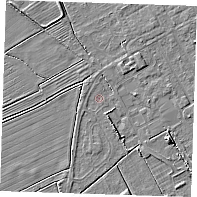 Shaded relief map of the ground around LN121RH, computed from Environment Agency LiDAR. The ground here sits at about 2 m above sea level and falls 7 m across the surrounding 800 m. Surface water reaching this point runs off ground lying to the south-east, 1.8 m higher.