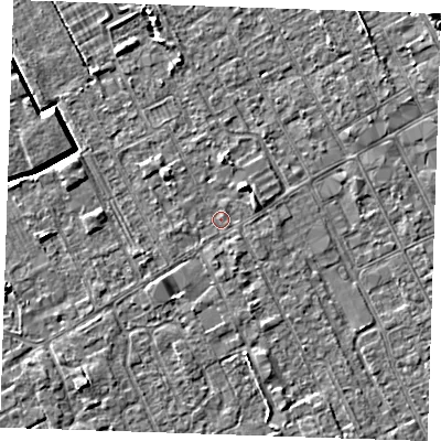 Shaded relief map of the ground around LN121RN, computed from Environment Agency LiDAR. The ground here sits at about 2 m above sea level and falls 5 m across the surrounding 800 m. Surface water reaching this point runs off ground lying to the north-north-east, 2.7 m higher.