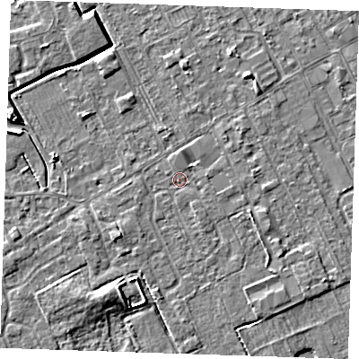 Shaded relief map of the ground around LN121RP, computed from Environment Agency LiDAR. The ground here sits at about 2 m above sea level and falls 5 m across the surrounding 800 m. Surface water reaching this point runs off ground lying to the east-south-east, 1.4 m higher.