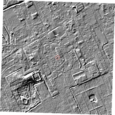 Shaded relief map of the ground around LN121RQ, computed from Environment Agency LiDAR. The ground here sits at about 2 m above sea level and falls 5 m across the surrounding 800 m. The ground contributing surface water to this point lies to the east-south-east.