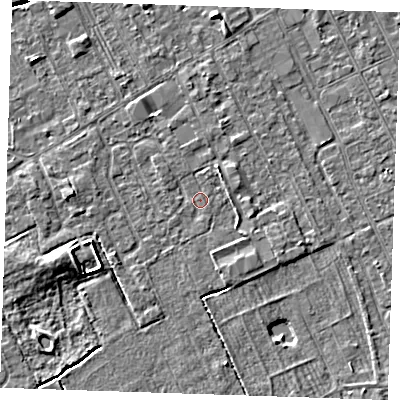 Shaded relief map of the ground around LN121RR, computed from Environment Agency LiDAR. The ground here sits at about 2 m above sea level and falls 5 m across the surrounding 800 m. Surface water reaching this point runs off ground lying to the north-north-east, 1.4 m higher.