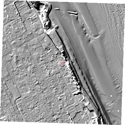Shaded relief map of the ground around LN122AB, computed from Environment Agency LiDAR. The ground here sits at about 2 m above sea level and falls 15 m across the surrounding 800 m. Surface water reaching this point runs off ground lying to the north, 7.9 m higher.