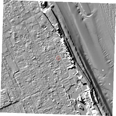 Shaded relief map of the ground around LN122AD, computed from Environment Agency LiDAR. The ground here sits at about 2 m above sea level and falls 14 m across the surrounding 800 m. Surface water reaching this point runs off ground lying to the east-north-east, 8.2 m higher.