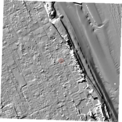 Shaded relief map of the ground around LN122AE, computed from Environment Agency LiDAR. The ground here sits at about 2 m above sea level and falls 14 m across the surrounding 800 m. The ground contributing surface water to this point lies to the west-north-west.