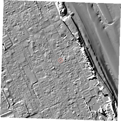 Shaded relief map of the ground around LN122AF, computed from Environment Agency LiDAR. The ground here sits at about 2 m above sea level and falls 14 m across the surrounding 800 m. Surface water reaching this point runs off ground lying to the south-west, 1.0 m higher.