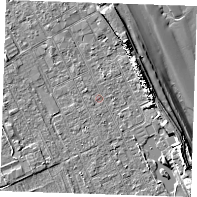 Shaded relief map of the ground around LN122AH, computed from Environment Agency LiDAR. The ground here sits at about 2 m above sea level and falls 14 m across the surrounding 800 m. Surface water reaching this point runs off ground lying to the east-south-east, 6.5 m higher.