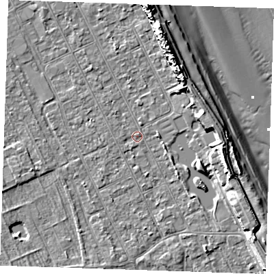 Shaded relief map of the ground around LN122AJ, computed from Environment Agency LiDAR. The ground here sits at about 2 m above sea level and falls 12 m across the surrounding 800 m. Surface water reaching this point runs off ground lying to the east, 6.4 m higher.