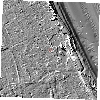 Shaded relief map of the ground around LN122AL, computed from Environment Agency LiDAR. The ground here sits at about 2 m above sea level and falls 13 m across the surrounding 800 m. Surface water reaching this point runs off ground lying to the east-south-east, 5.0 m higher.
