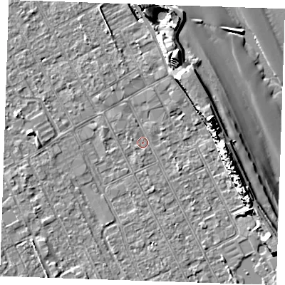 Shaded relief map of the ground around LN122AQ, computed from Environment Agency LiDAR. The ground here sits at about 2 m above sea level and falls 14 m across the surrounding 800 m. Surface water reaching this point runs off ground lying to the east-north-east, 10.7 m higher.