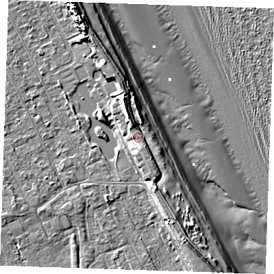 Shaded relief map of the ground around LN122AS, computed from Environment Agency LiDAR. The ground here sits at about 6 m above sea level and falls 12 m across the surrounding 800 m. Surface water reaching this point runs off ground lying to the north-north-west, 3.7 m higher.