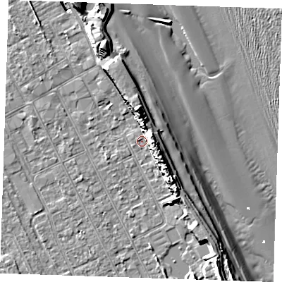 Shaded relief map of the ground around LN122AT, computed from Environment Agency LiDAR. The ground here sits at about 2 m above sea level and falls 15 m across the surrounding 800 m. Surface water reaching this point runs off ground lying to the east, 8.1 m higher.