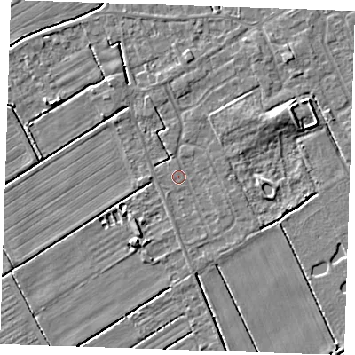 Shaded relief map of the ground around LN122AU, computed from Environment Agency LiDAR. The ground here sits at about 2 m above sea level and falls 5 m across the surrounding 800 m. Surface water reaching this point runs off ground lying to the south, 0.8 m higher.