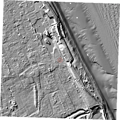 Shaded relief map of the ground around LN122AW, computed from Environment Agency LiDAR. The ground here sits at about 3 m above sea level and falls 11 m across the surrounding 800 m. Surface water reaching this point runs off ground lying to the east, 4.3 m higher.