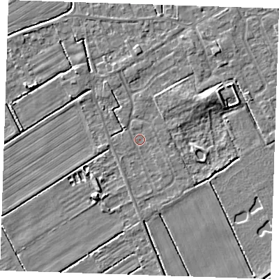 Shaded relief map of the ground around LN122AX, computed from Environment Agency LiDAR. The ground here sits at about 2 m above sea level and falls 5 m across the surrounding 800 m. Surface water reaching this point runs off ground lying to the north-east, 3.0 m higher.