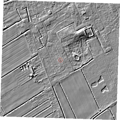 Shaded relief map of the ground around LN122AY, computed from Environment Agency LiDAR. The ground here sits at about 2 m above sea level and falls 5 m across the surrounding 800 m. Surface water reaching this point runs off ground lying to the north-north-east, 3.0 m higher.