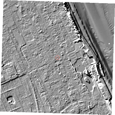 Shaded relief map of the ground around LN122BB, computed from Environment Agency LiDAR. The ground here sits at about 2 m above sea level and falls 14 m across the surrounding 800 m. Surface water reaching this point runs off ground lying to the east-south-east, 6.4 m higher.