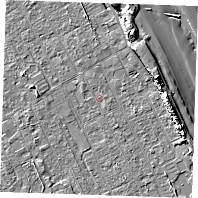 Shaded relief map of the ground around LN122BD, computed from Environment Agency LiDAR. The ground here sits at about 2 m above sea level and falls 14 m across the surrounding 800 m. Surface water reaching this point runs off ground lying to the north-north-east, 0.8 m higher.