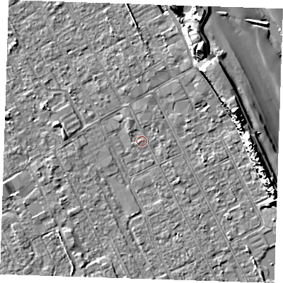 Shaded relief map of the ground around LN122BE, computed from Environment Agency LiDAR. The ground here sits at about 2 m above sea level and falls 13 m across the surrounding 800 m. Surface water reaching this point runs off ground lying to the east-north-east, 0.8 m higher.