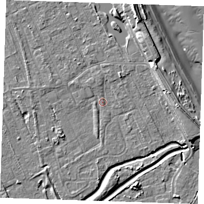 Shaded relief map of the ground around LN122BF, computed from Environment Agency LiDAR. The ground here sits at about 2 m above sea level and falls 10 m across the surrounding 800 m. Surface water reaching this point runs off ground lying to the north-east, 4.9 m higher.