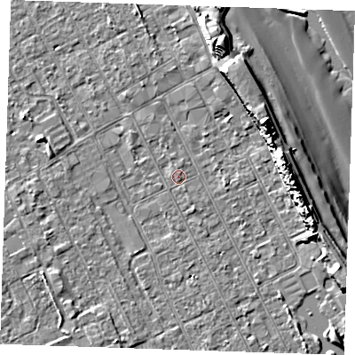 Shaded relief map of the ground around LN122BG, computed from Environment Agency LiDAR. The ground here sits at about 2 m above sea level and falls 14 m across the surrounding 800 m. The ground contributing surface water to this point lies to the north-north-east.